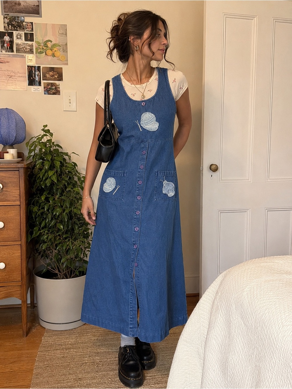 Vintage Style Blue J Denim Butterfly Patchwork Maxi Dress Medium